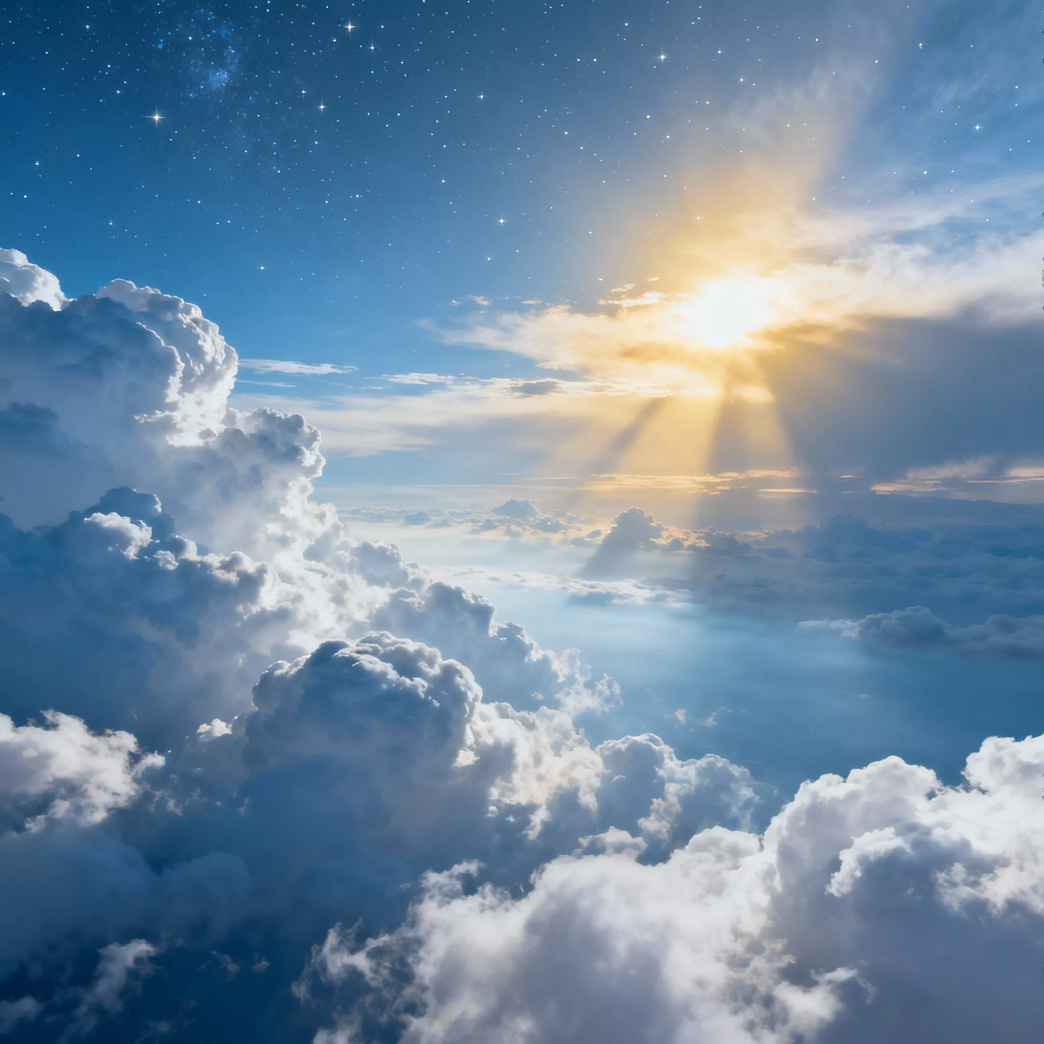 Небо над морем хмар із поєднанням зоряної ночі та сходу сонця, крізь які пробиваються золоті промені світла, символізуючи простір знань і глибоких роздумів.