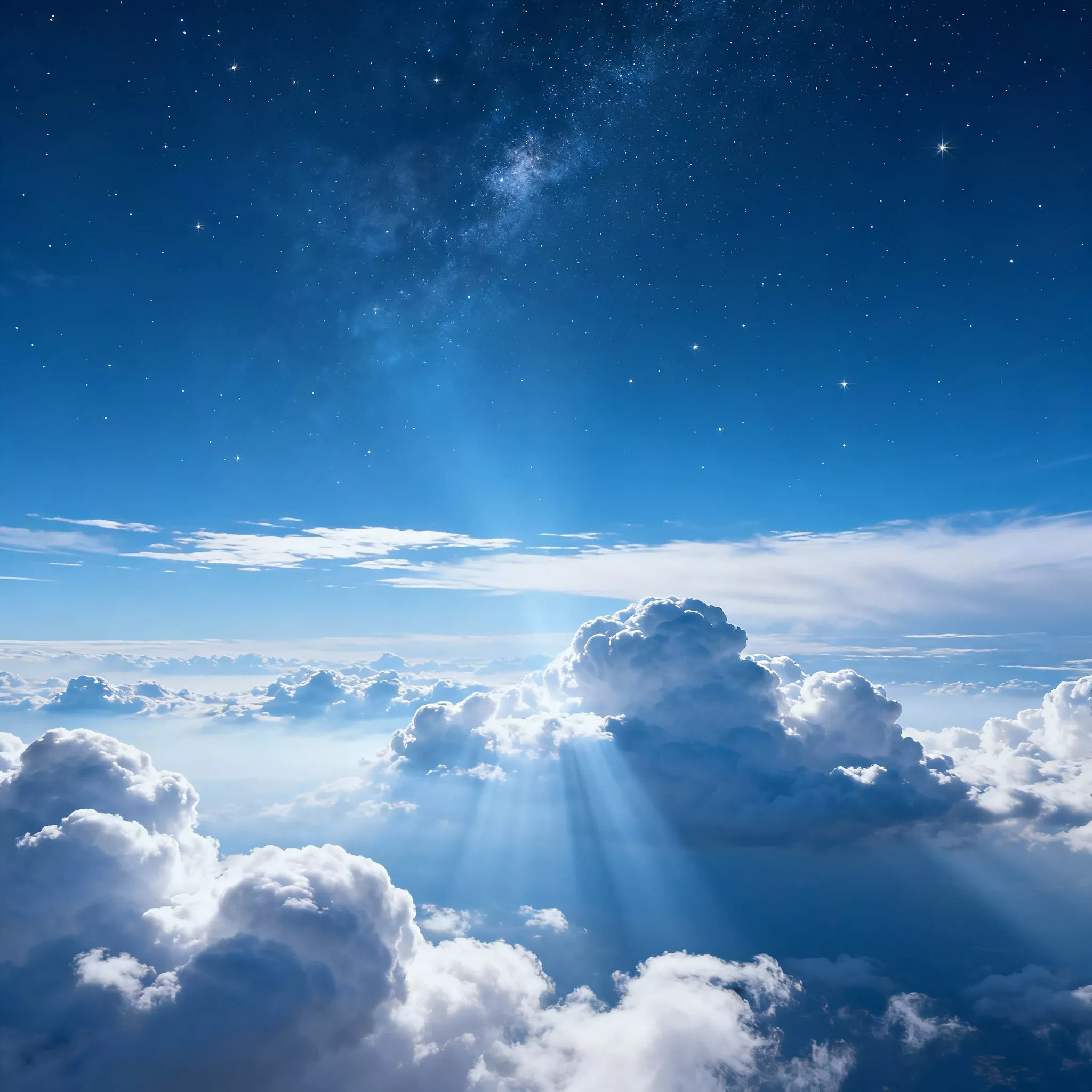 Зоряне нічне небо над безкраїм морем хмар, крізь які пробиваються м’які промені світла, створюючи відчуття священного простору та духовного піднесення.